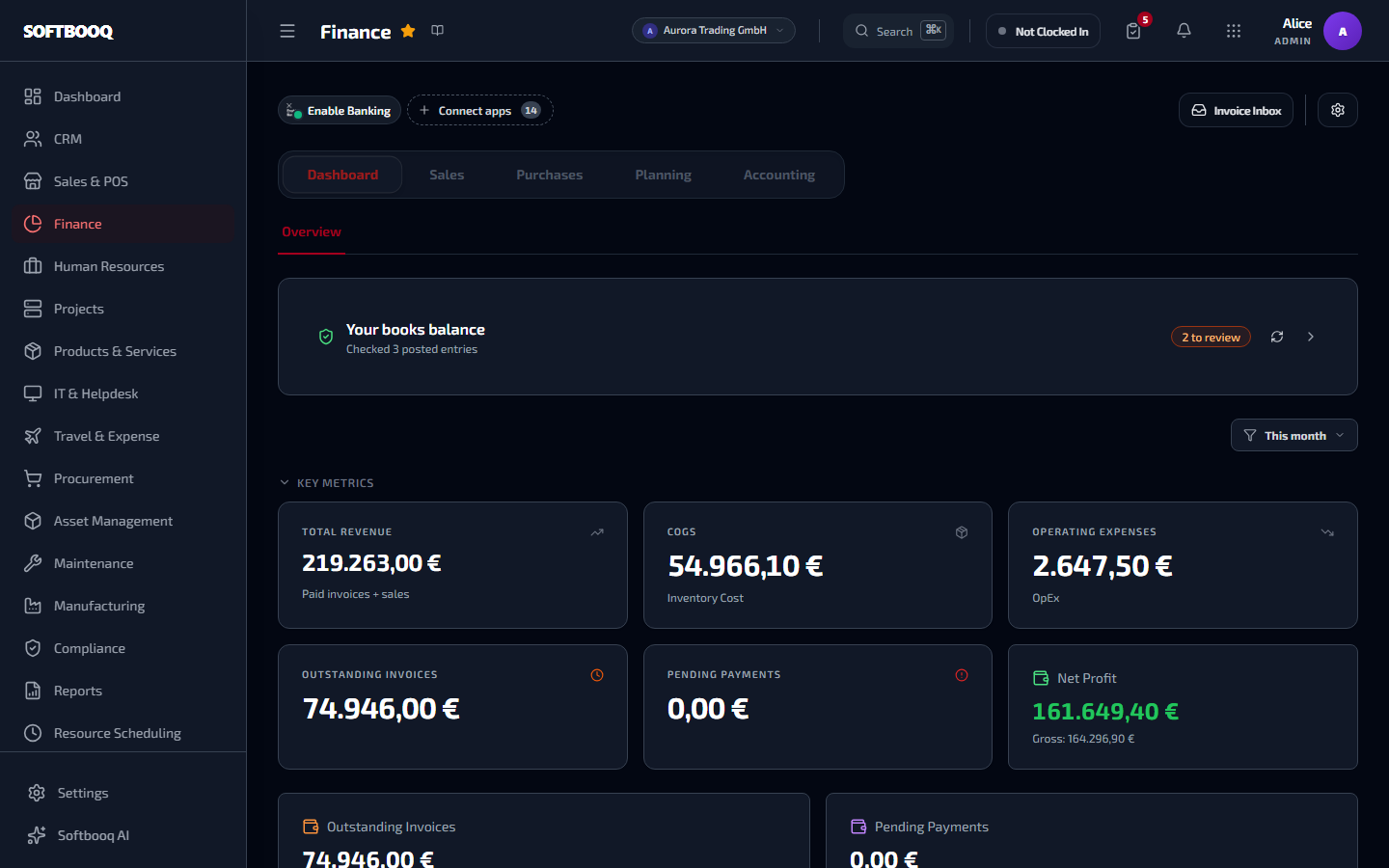 The Finance workspace in a live Softbooq account