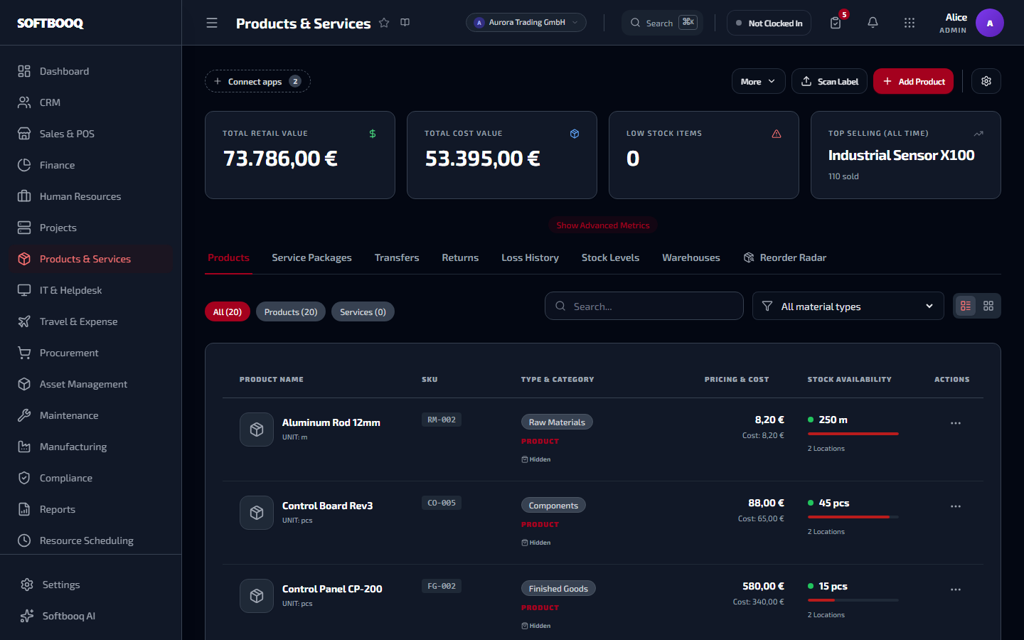 Der Arbeitsbereich Inventar in Softbooq