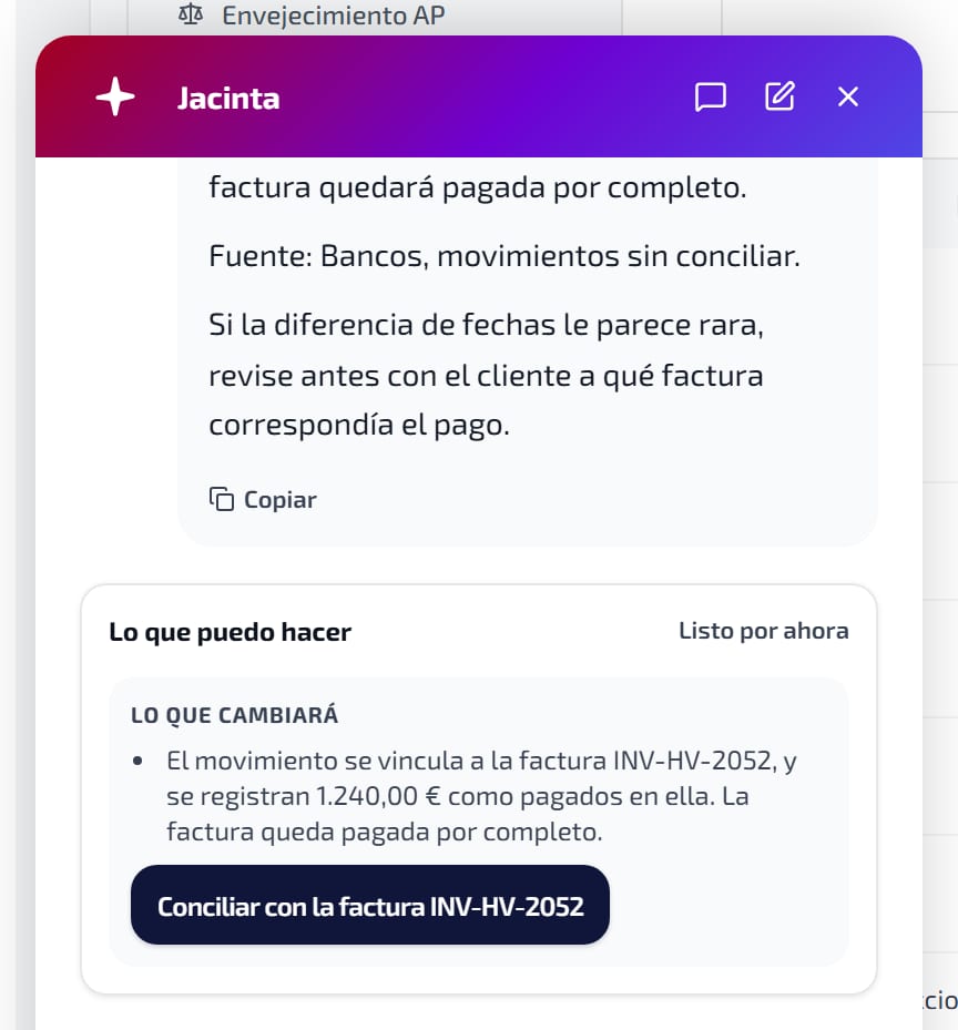 «Preguntar a Jacinta» en una línea bancaria sin conciliar: la factura probable, por qué encaja y lo que cambiará al conciliarla.
