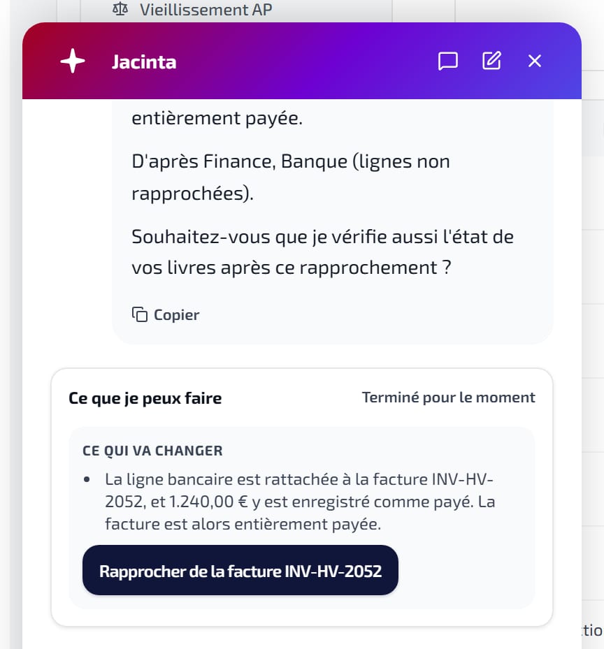 « Demander à Jacinta » sur une ligne bancaire non rapprochée : la facture probable, pourquoi elle correspond, et ce que le rapprochement va changer.
