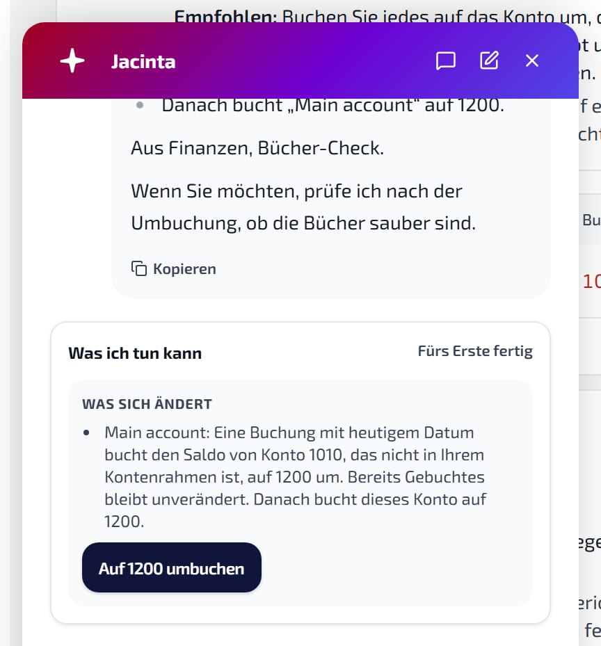 „Jacinta fragen“ im Buchhaltungs-Check: Eine neue Buchung bucht den Saldo eines Bankkontos auf das richtige Konto um, bereits Gebuchtes bleibt unverändert.