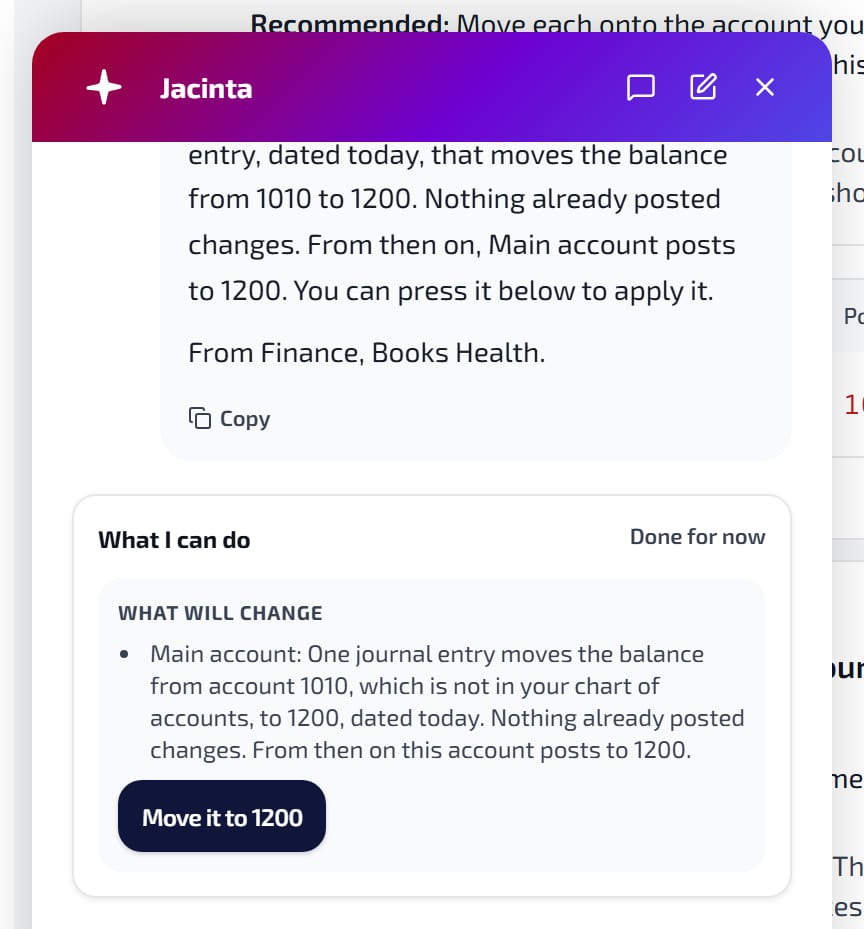Ask Jacinta in Books Health: one new entry moves a bank account’s balance to the right account, and nothing already posted changes.