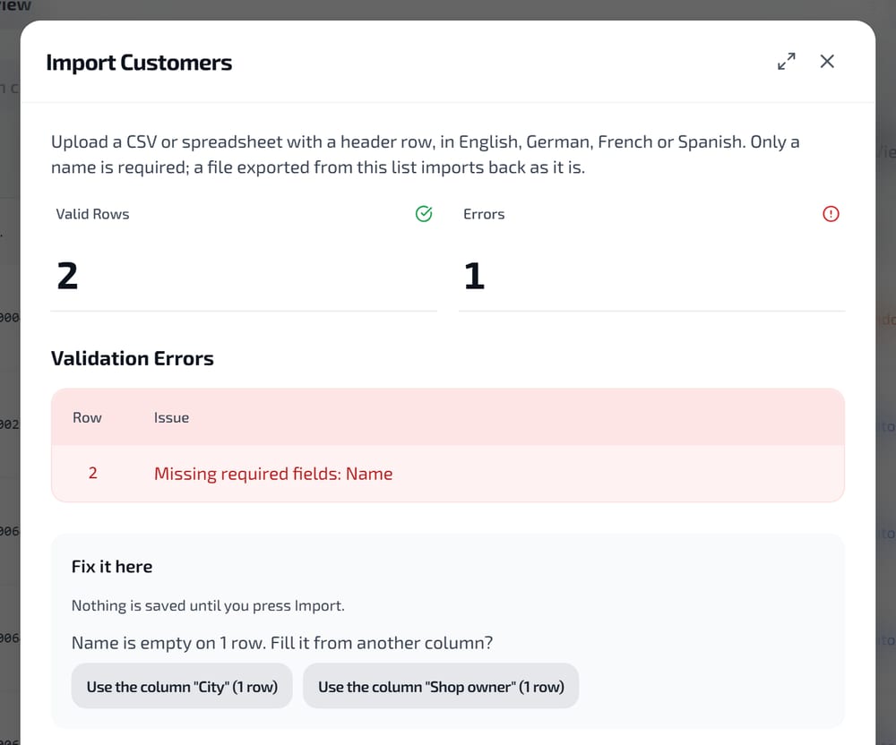 The importer offering to fill an empty name from another column of the same file, before anything is saved.