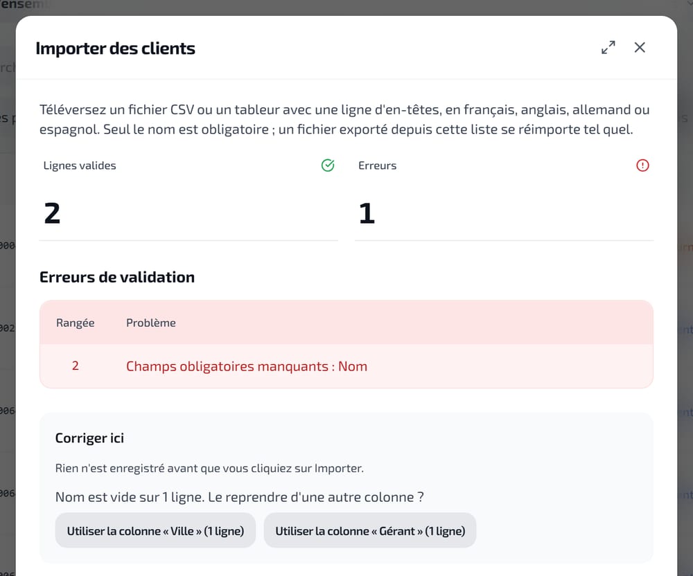 L’import propose de reprendre un nom vide depuis une autre colonne du même fichier, avant tout enregistrement.