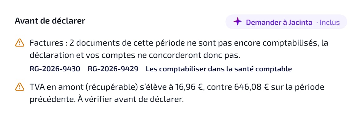 « Avant de déclarer » sur la déclaration de TVA : ce qu’il faut regarder, avec un lien vers l’écran qui le corrige.