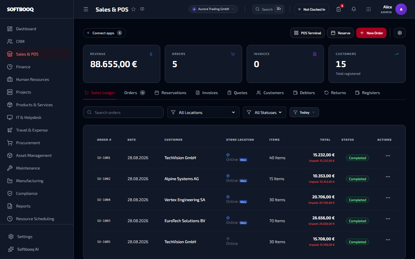 The Sales workspace in Softbooq